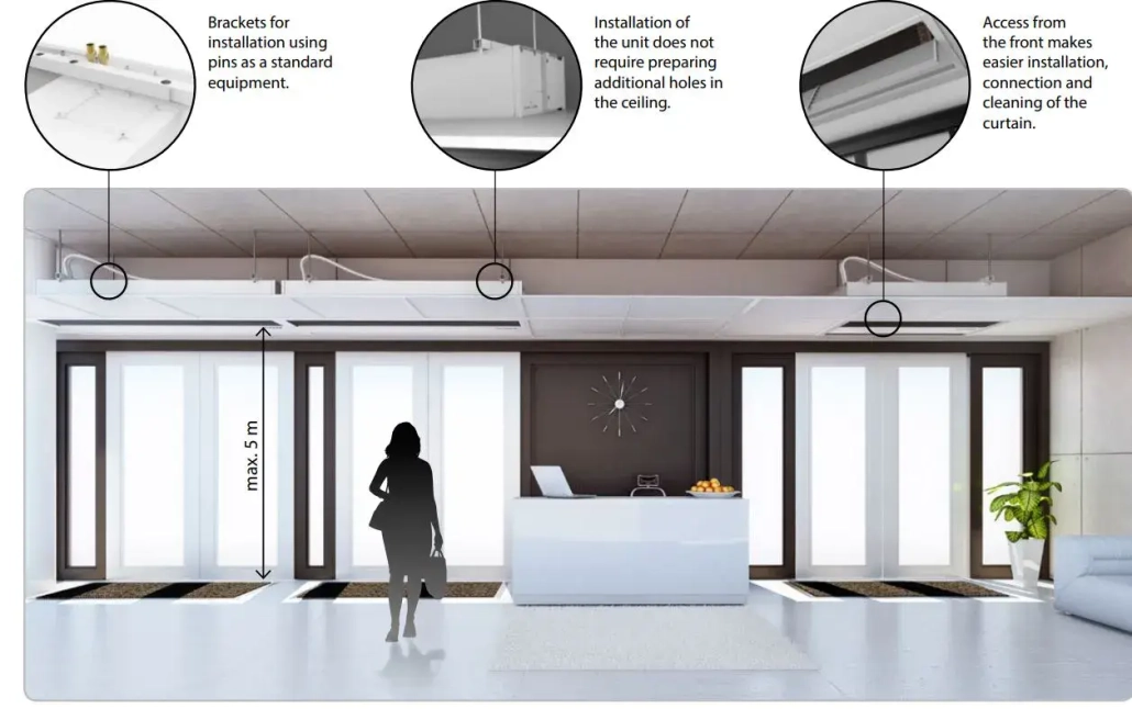 installation of recessed air curtain heater in ceiling air curtain, concealed air curtain, ceiling concealed air curtain, ceiling mounted air curtain , above ceiling air curtain or ceiling air curtain in suspended ceilings or false ceilings with a mounting height of 5 metres to prevent energy losses and cold draughts